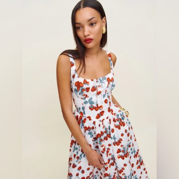 NEW Reformation Balia Midi Linen Dress in Strawberry Jam White Red | US 2 - Picture 5 of 14